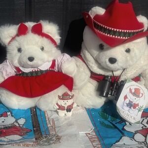1995 Santabear and Miss Bear Conservation Corps Plush Set with Ornament and Bags